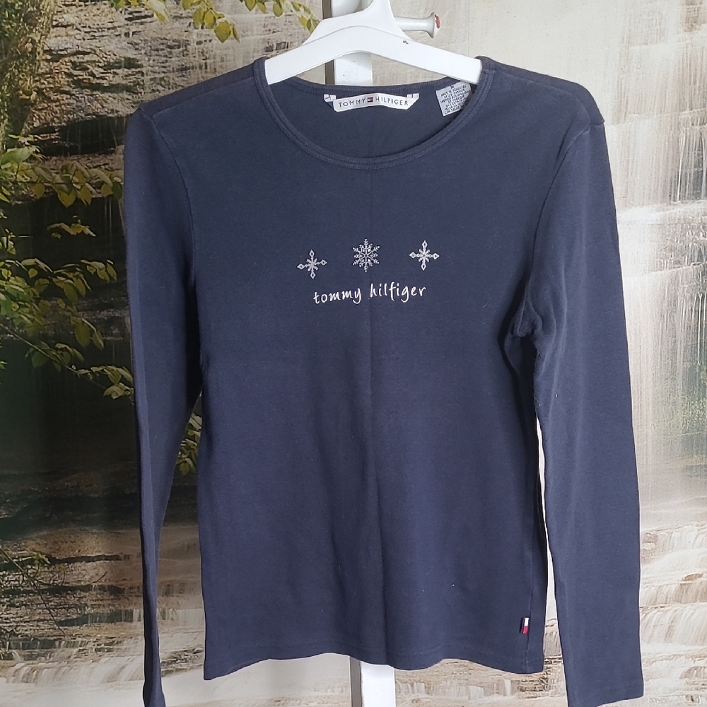 Tommy Hilfiger Womens Medium Dark Blue Snowflake Long Sleeve Tee